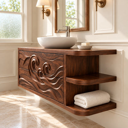 Floating Vanity with Wave-Carved Drawers and Cantilevered Open Side Shelves - Woodenecho - 6