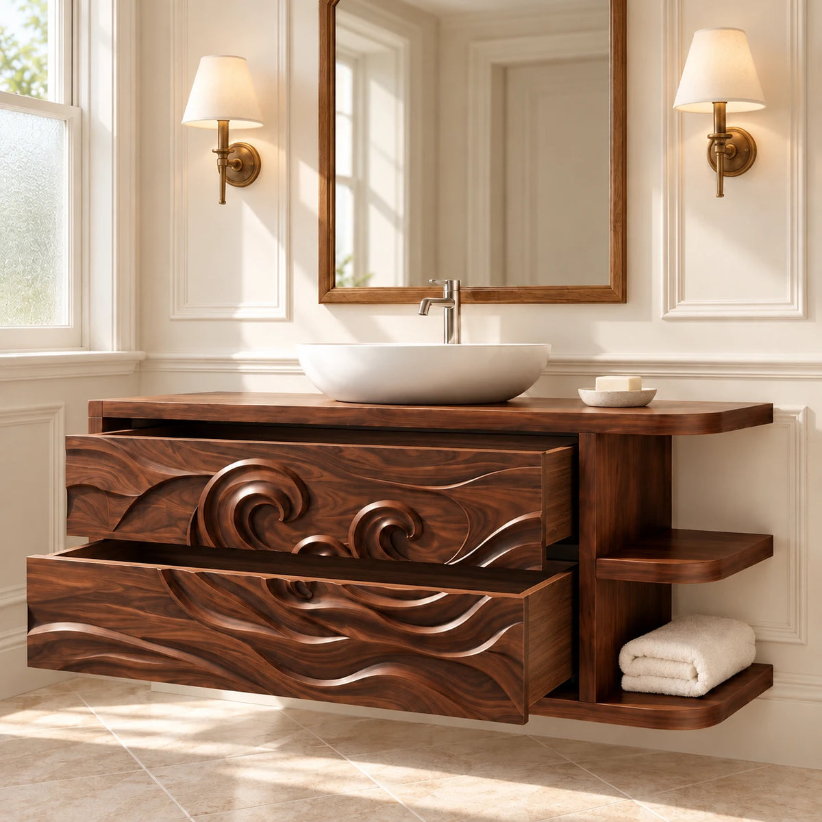 Floating Vanity with Wave-Carved Drawers and Cantilevered Open Side Shelves - Woodenecho - 7