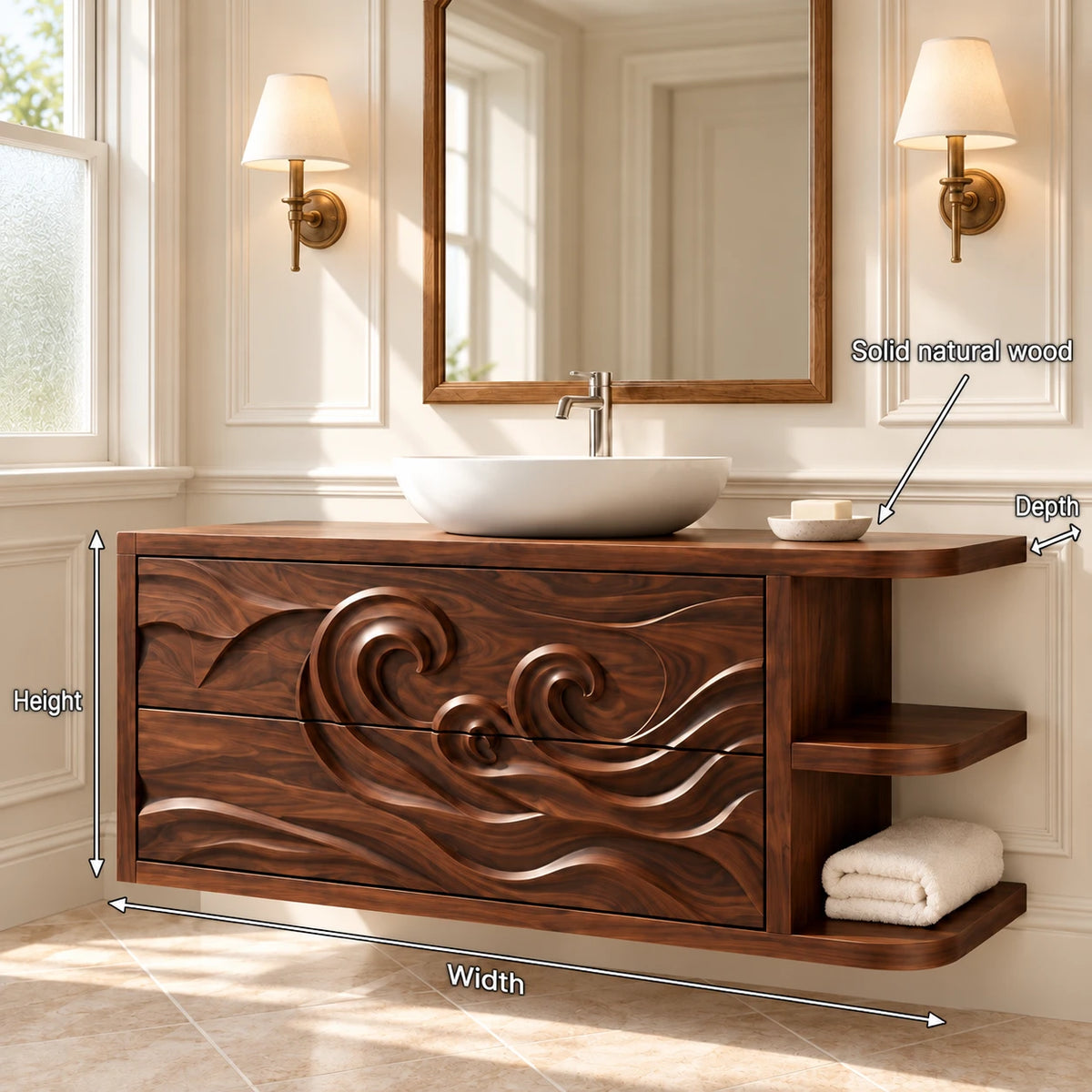 Floating Vanity with Wave-Carved Drawers and Cantilevered Open Side Shelves - Woodenecho - 8