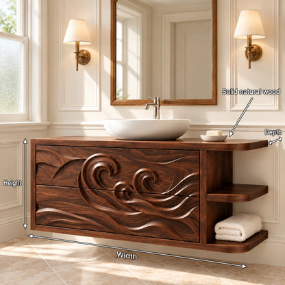 Floating Vanity with Wave-Carved Drawers and Cantilevered Open Side Shelves - Woodenecho - 8