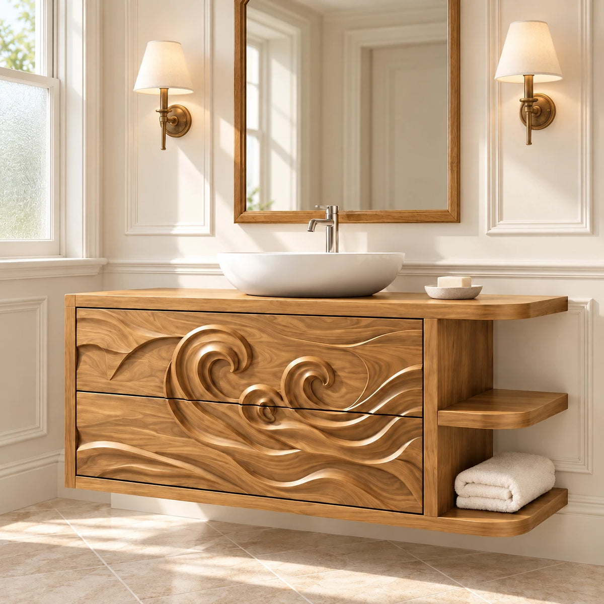 Floating Vanity with Wave-Carved Drawers and Cantilevered Open Side Shelves - Woodenecho - 9