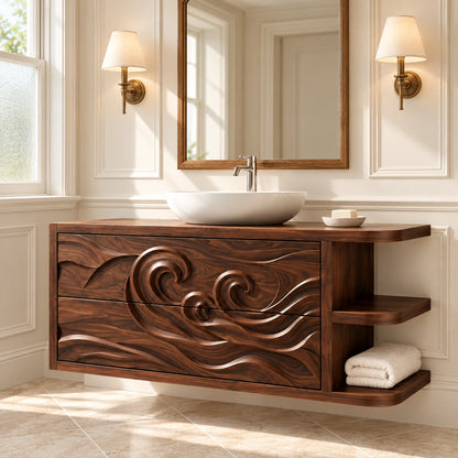 Floating Vanity with Wave-Carved Drawers and Cantilevered Open Side Shelves - Woodenecho