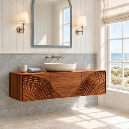 Floating Wood Bathroom Vanity with Capsule Ends and Wave-Carved Doors - Woodenecho - 10