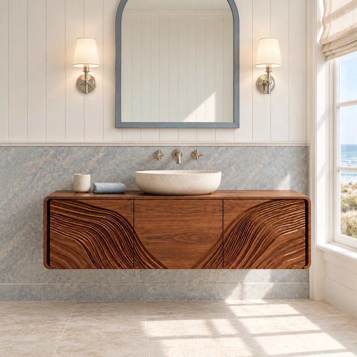 Floating Wood Bathroom Vanity with Capsule Ends and Wave-Carved Doors - Woodenecho - 2
