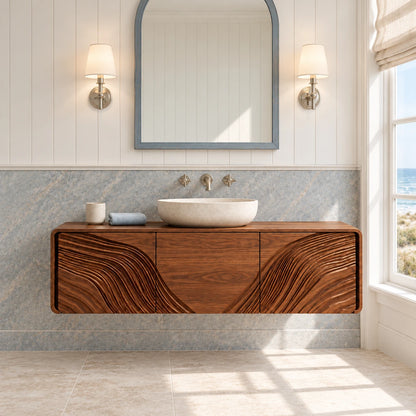 Floating Wood Bathroom Vanity with Capsule Ends and Wave-Carved Doors - Woodenecho - 2
