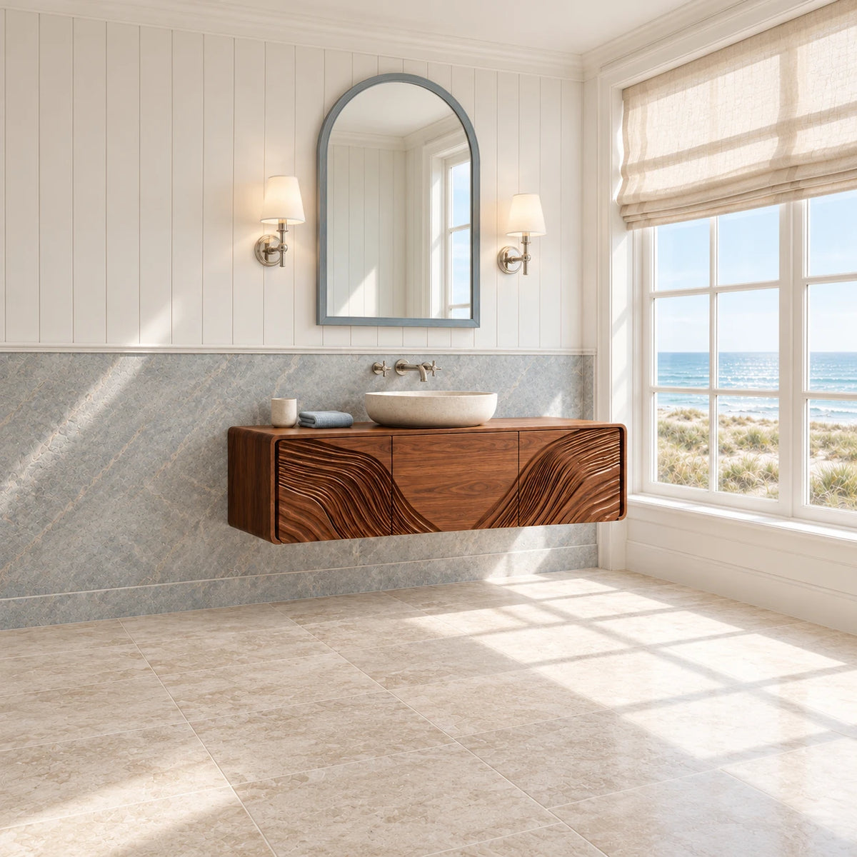 Floating Wood Bathroom Vanity with Capsule Ends and Wave-Carved Doors - Woodenecho - 3
