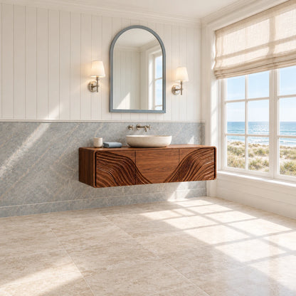 Floating Wood Bathroom Vanity with Capsule Ends and Wave-Carved Doors - Woodenecho - 3