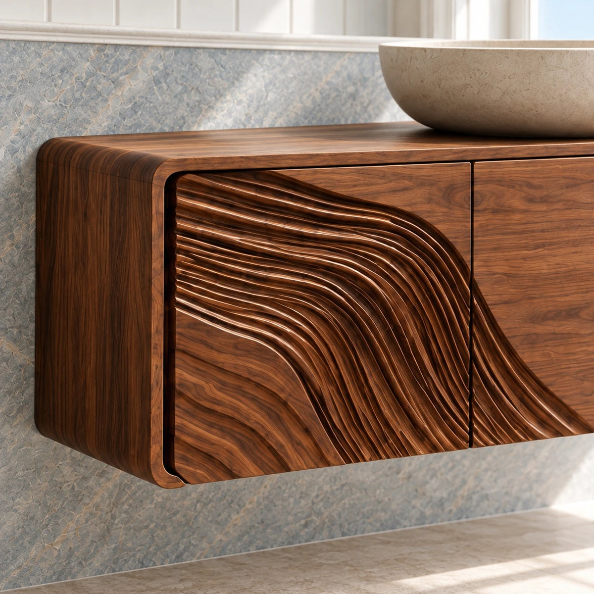 Floating Wood Bathroom Vanity with Capsule Ends and Wave-Carved Doors - Woodenecho - 4