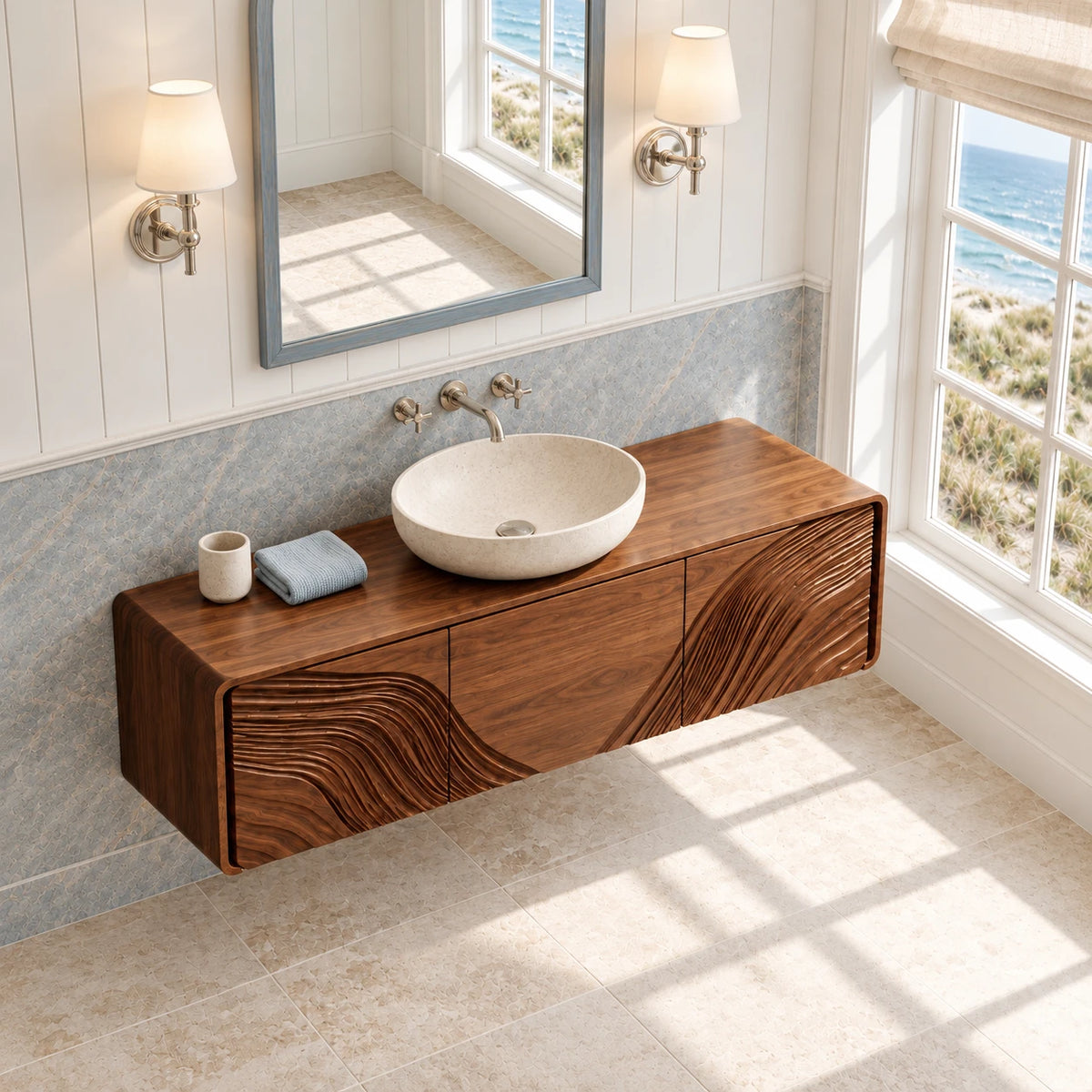 Floating Wood Bathroom Vanity with Capsule Ends and Wave-Carved Doors - Woodenecho - 5