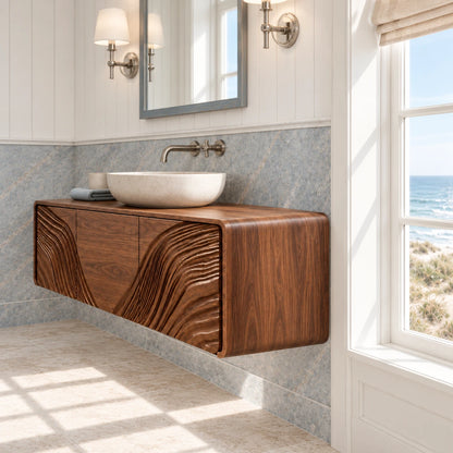 Floating Wood Bathroom Vanity with Capsule Ends and Wave-Carved Doors - Woodenecho - 6