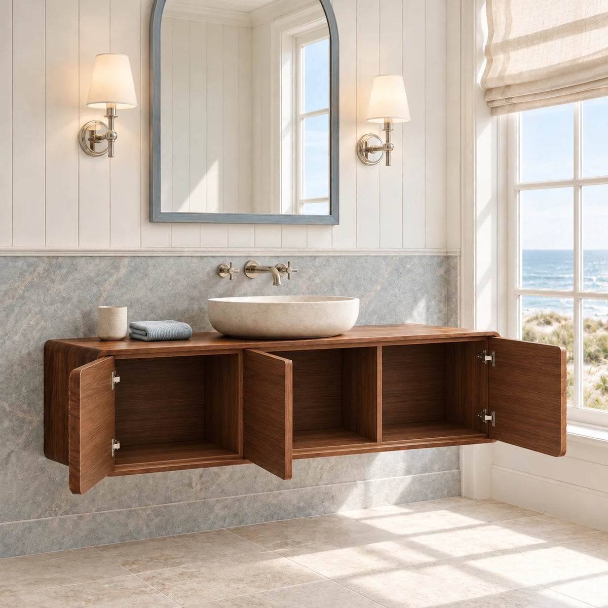 Floating Wood Bathroom Vanity with Capsule Ends and Wave-Carved Doors - Woodenecho - 7