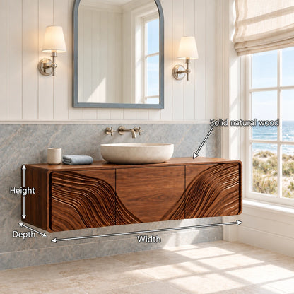 Floating Wood Bathroom Vanity with Capsule Ends and Wave-Carved Doors - Woodenecho - 8