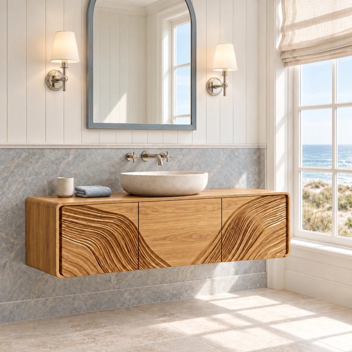 Floating Wood Bathroom Vanity with Capsule Ends and Wave-Carved Doors - Woodenecho - 9