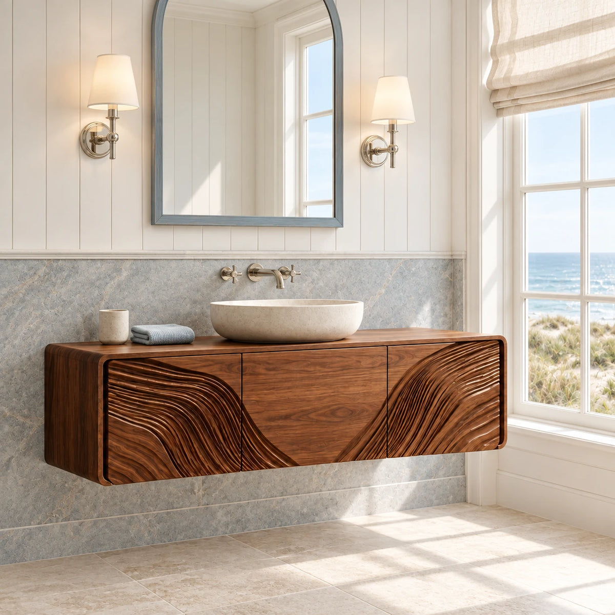 Floating Wood Bathroom Vanity with Capsule Ends and Wave-Carved Doors - Woodenecho