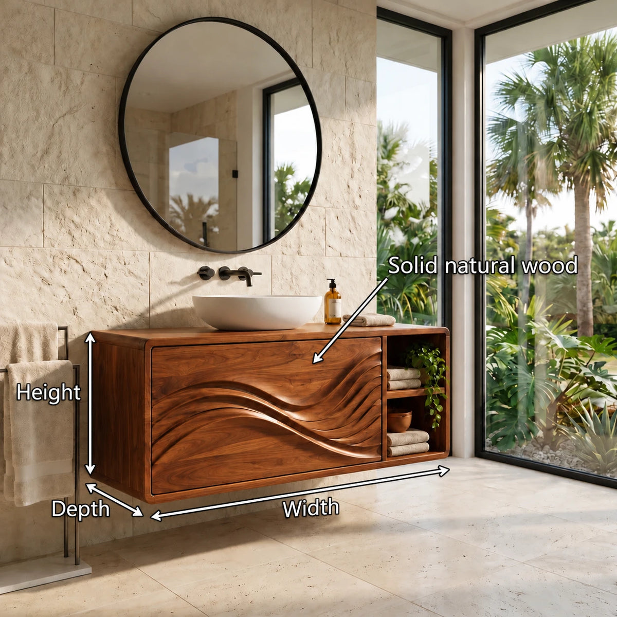 Floating Wood Bathroom Vanity with Sink, Wave-Carved Drawers and Side Cubby - Woodenecho - 10