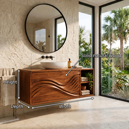 Floating Wood Bathroom Vanity with Sink, Wave-Carved Drawers and Side Cubby - Woodenecho - 10