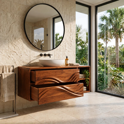 Floating Wood Bathroom Vanity with Sink, Wave-Carved Drawers and Side Cubby - Woodenecho - 11