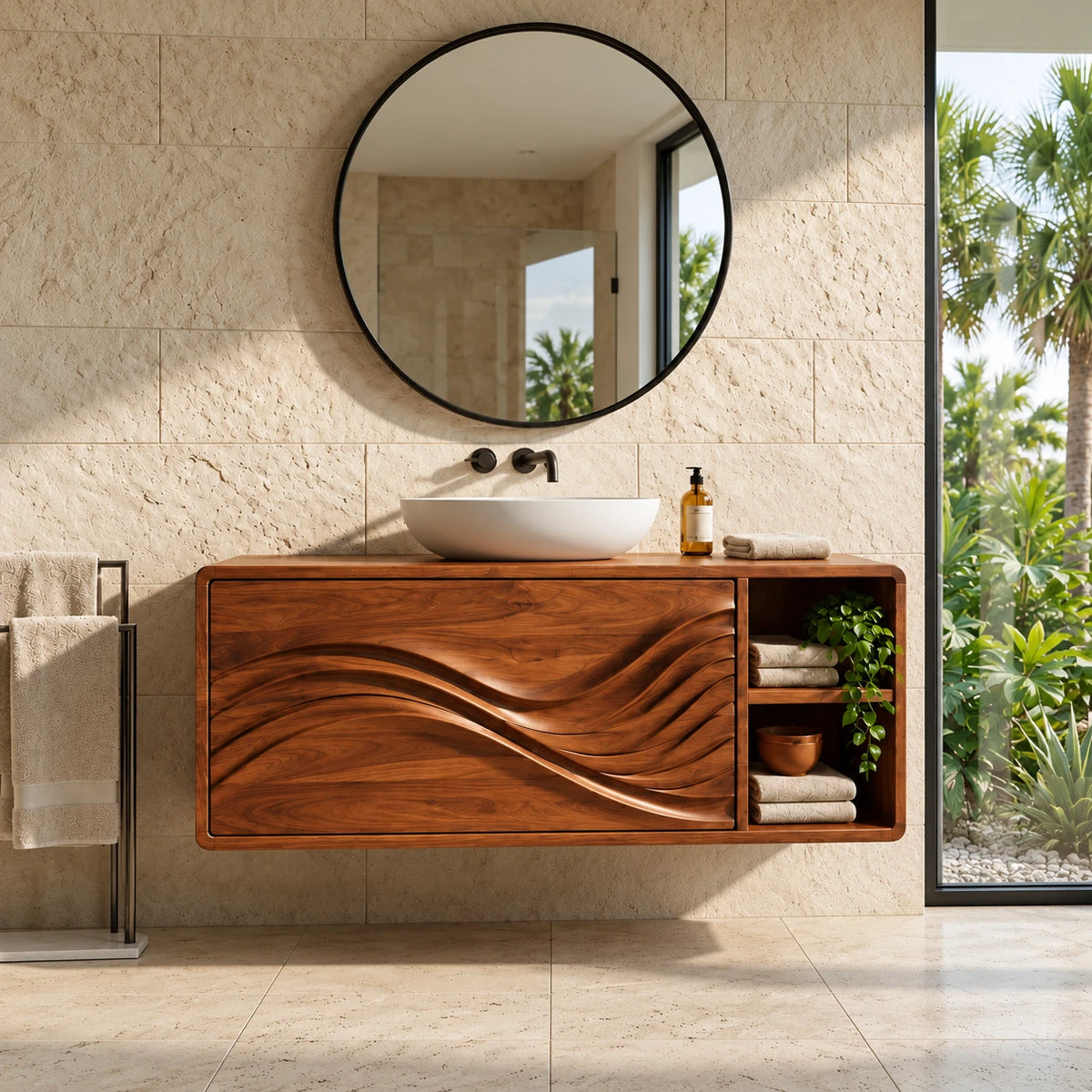 Floating Wood Bathroom Vanity with Sink, Wave-Carved Drawers and Side Cubby - Woodenecho - 2