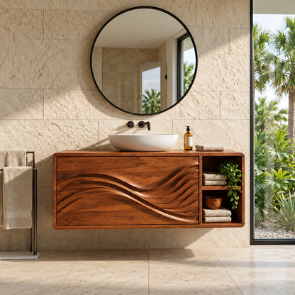 Floating Wood Bathroom Vanity with Sink, Wave-Carved Drawers and Side Cubby - Woodenecho - 2