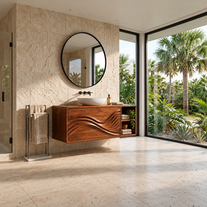 Floating Wood Bathroom Vanity with Sink, Wave-Carved Drawers and Side Cubby - Woodenecho - 3