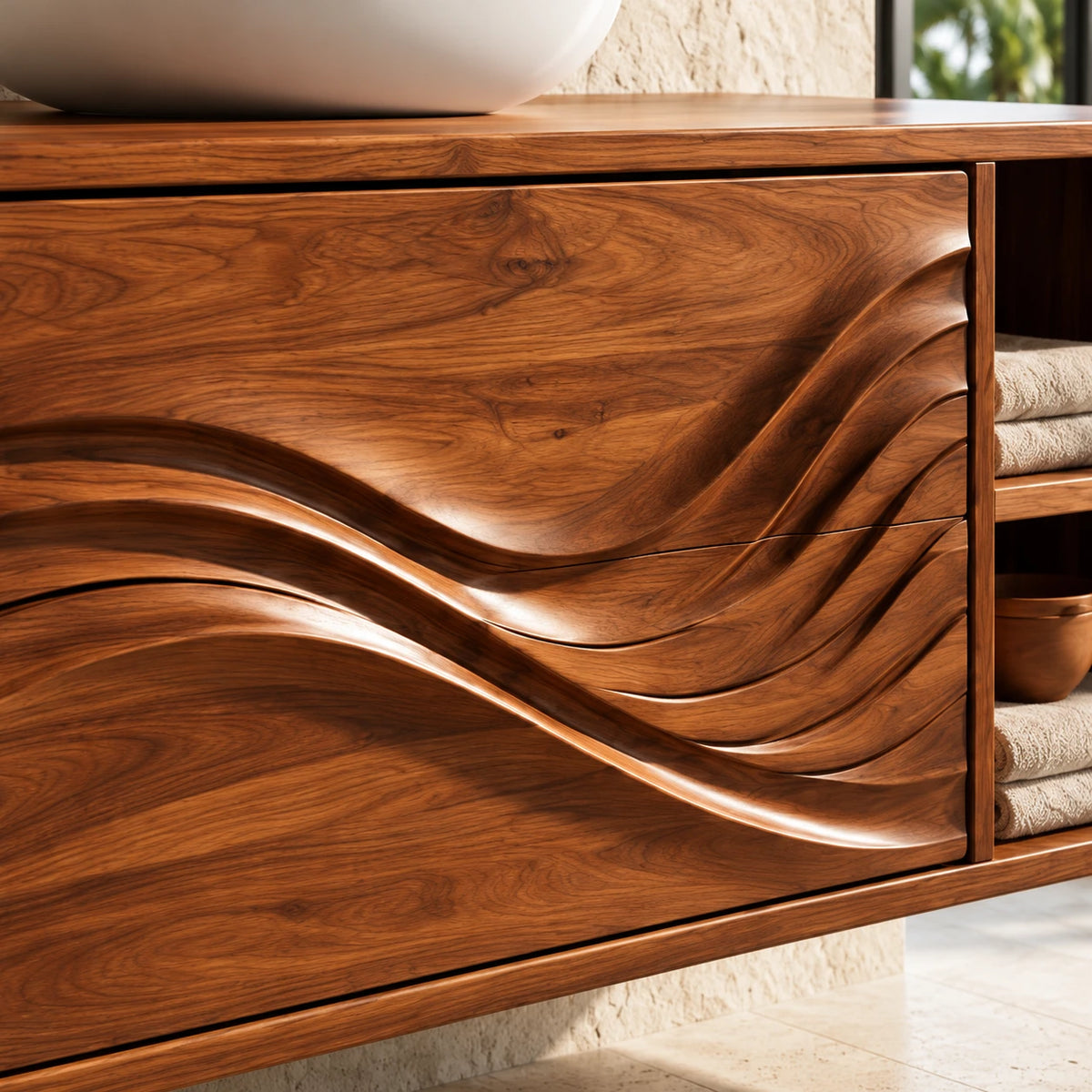 Floating Wood Bathroom Vanity with Sink, Wave-Carved Drawers and Side Cubby - Woodenecho - 4