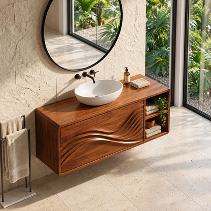 Floating Wood Bathroom Vanity with Sink, Wave-Carved Drawers and Side Cubby - Woodenecho - 5