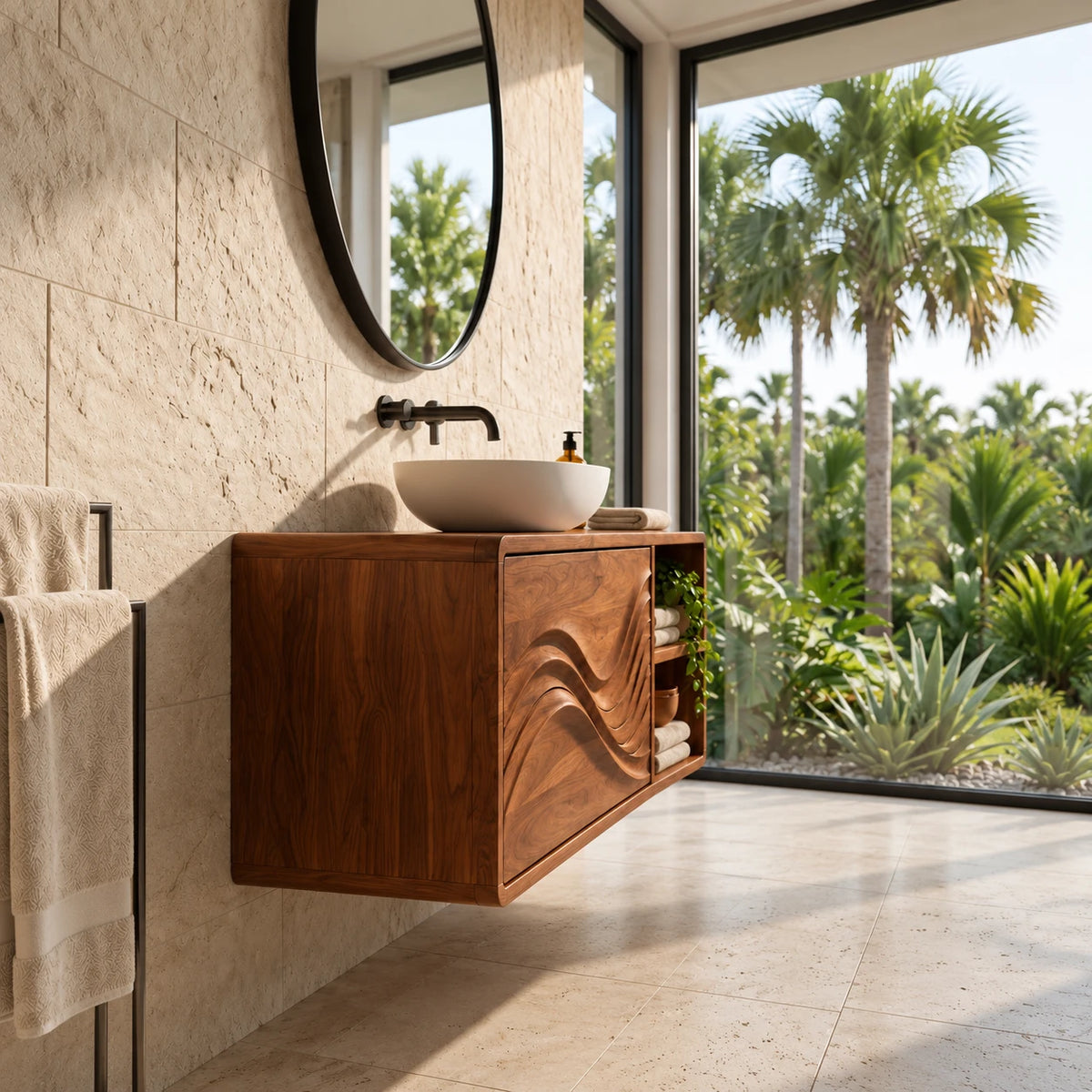 Floating Wood Bathroom Vanity with Sink, Wave-Carved Drawers and Side Cubby - Woodenecho - 6