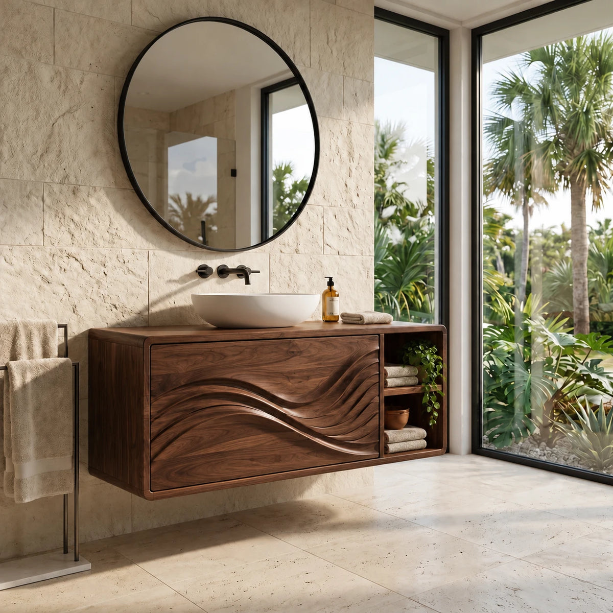 Floating Wood Bathroom Vanity with Sink, Wave-Carved Drawers and Side Cubby - Woodenecho - 7