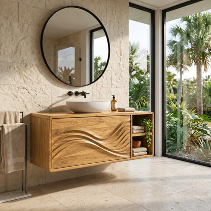 Floating Wood Bathroom Vanity with Sink, Wave-Carved Drawers and Side Cubby - Woodenecho - 8