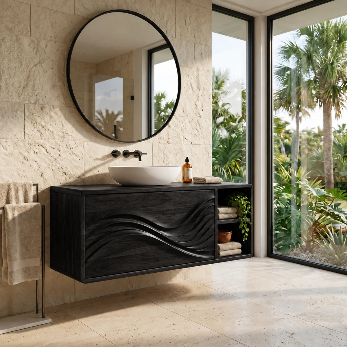 Floating Wood Bathroom Vanity with Sink, Wave-Carved Drawers and Side Cubby - Woodenecho - 9