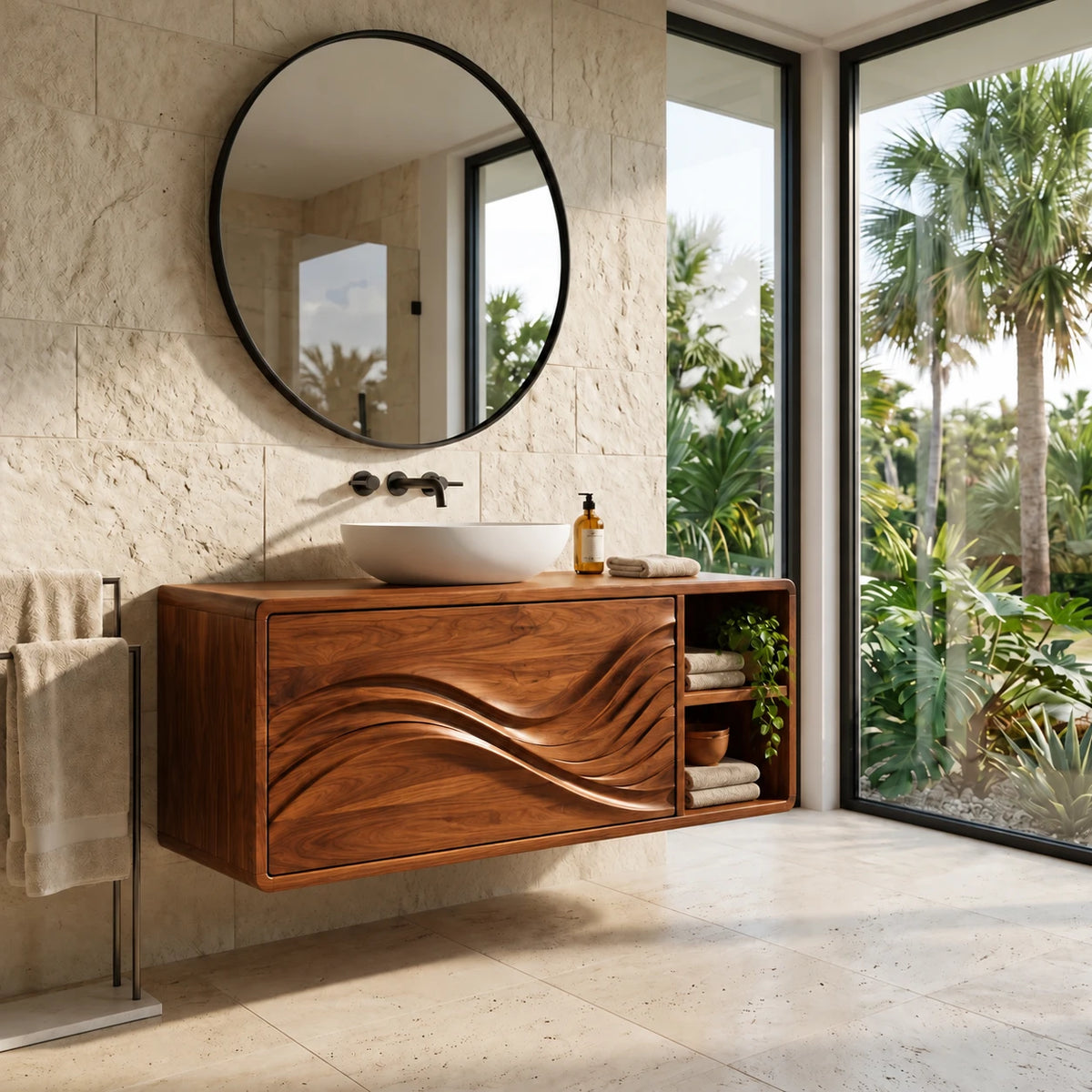 Floating Wood Bathroom Vanity with Sink, Wave-Carved Drawers and Side Cubby - Woodenecho