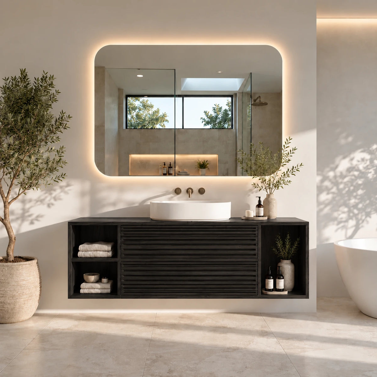 Floating Wood Bathroom Vanity with Slatted Drawers and Open End Cubbies - Woodenecho - 11