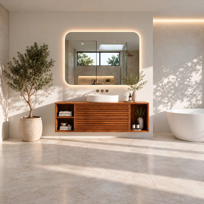 Floating Wood Bathroom Vanity with Slatted Drawers and Open End Cubbies - Woodenecho - 2