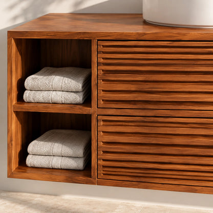 Floating Wood Bathroom Vanity with Slatted Drawers and Open End Cubbies - Woodenecho - 3
