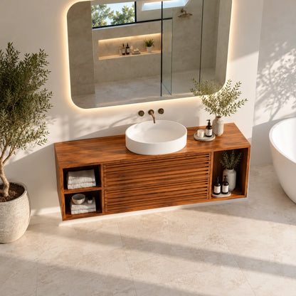 Floating Wood Bathroom Vanity with Slatted Drawers and Open End Cubbies - Woodenecho - 4