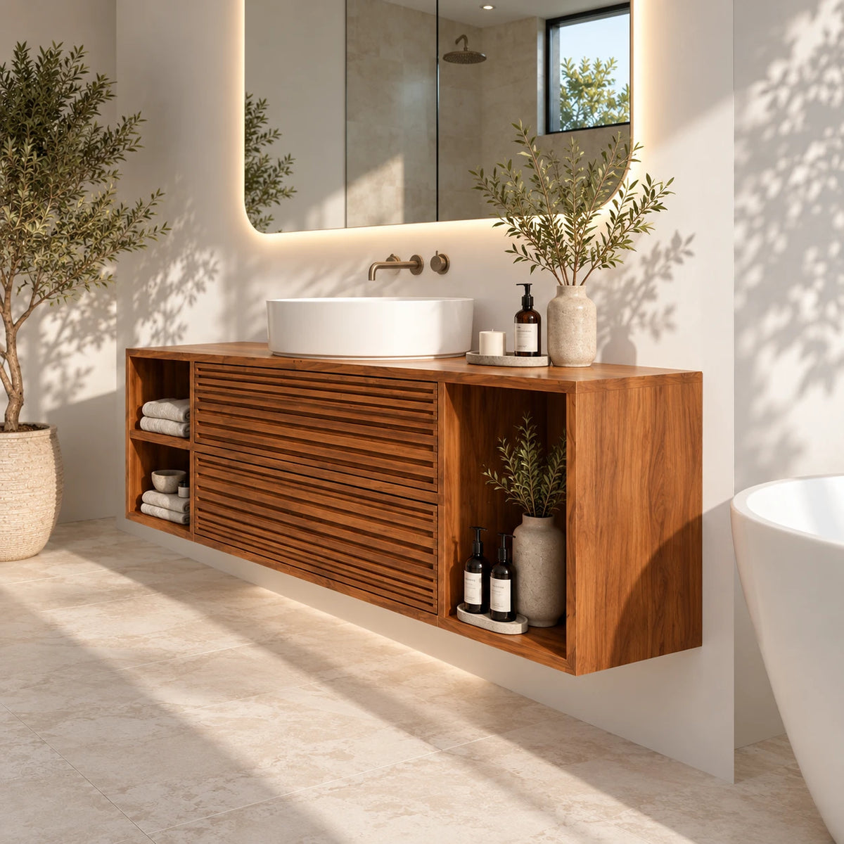 Floating Wood Bathroom Vanity with Slatted Drawers and Open End Cubbies - Woodenecho - 5