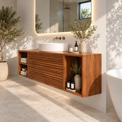 Floating Wood Bathroom Vanity with Slatted Drawers and Open End Cubbies - Woodenecho - 5
