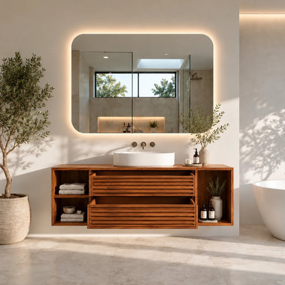 Floating Wood Bathroom Vanity with Slatted Drawers and Open End Cubbies - Woodenecho - 6