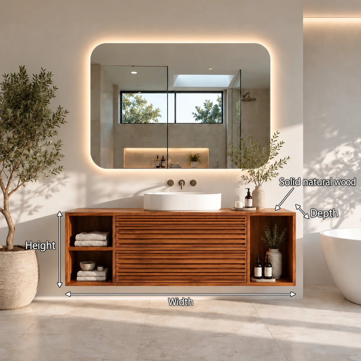 Floating Wood Bathroom Vanity with Slatted Drawers and Open End Cubbies - Woodenecho - 7