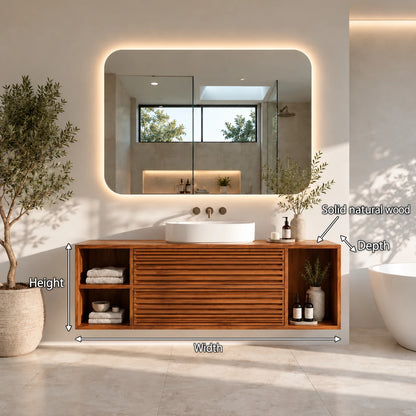 Floating Wood Bathroom Vanity with Slatted Drawers and Open End Cubbies - Woodenecho - 7