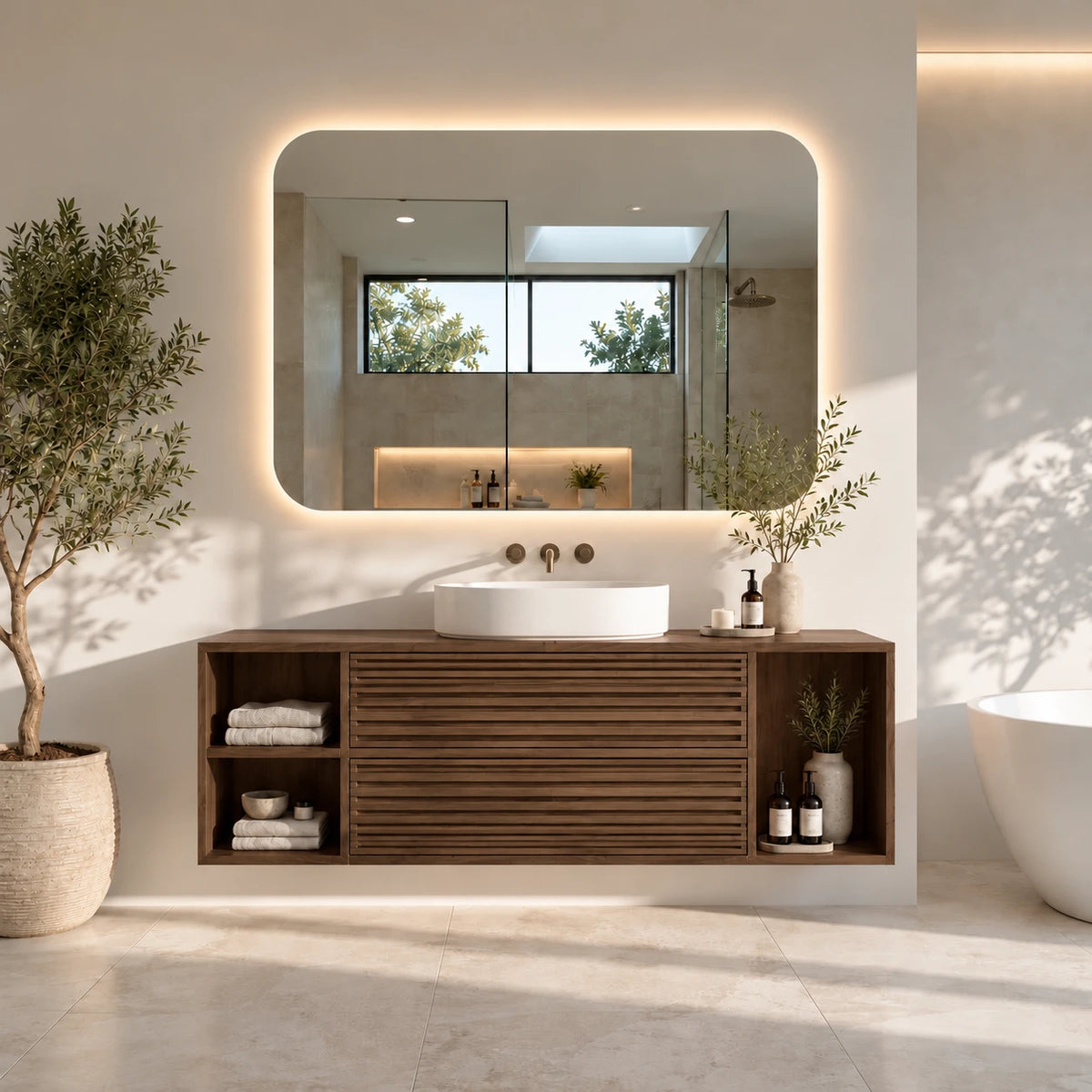 Floating Wood Bathroom Vanity with Slatted Drawers and Open End Cubbies - Woodenecho - 8