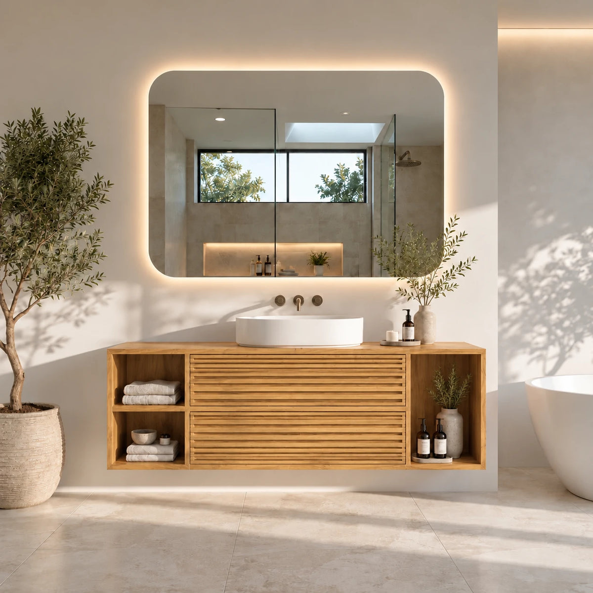 Floating Wood Bathroom Vanity with Slatted Drawers and Open End Cubbies - Woodenecho - 9