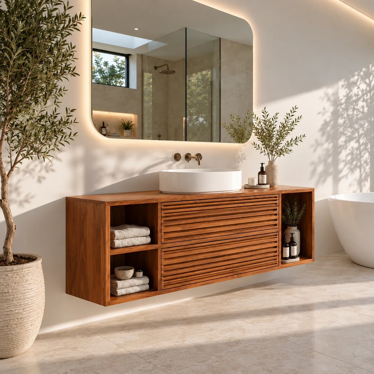 Floating Wood Bathroom Vanity with Slatted Drawers and Open End Cubbies - Woodenecho