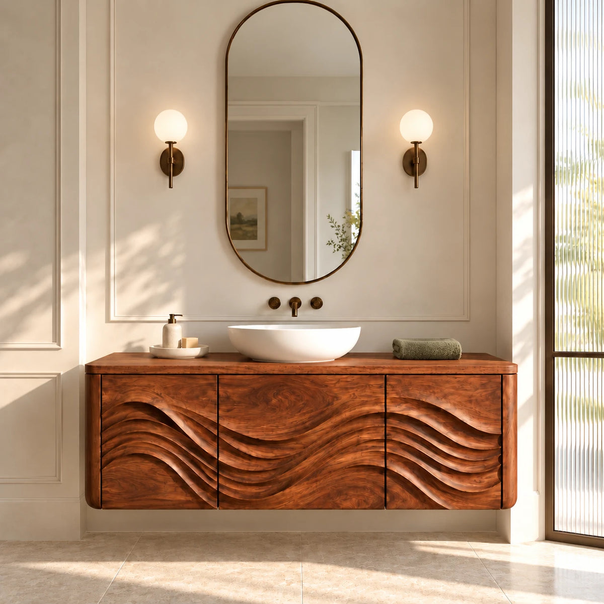 Floating Wood Bathroom Vanity with Three Wave-Carved Doors and Vessel Basin Top - Woodenecho - 10
