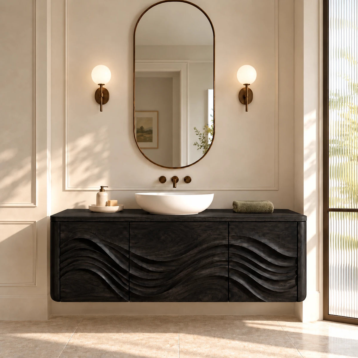Floating Wood Bathroom Vanity with Three Wave-Carved Doors and Vessel Basin Top - Woodenecho - 11
