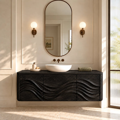 Floating Wood Bathroom Vanity with Three Wave-Carved Doors and Vessel Basin Top - Woodenecho - 11