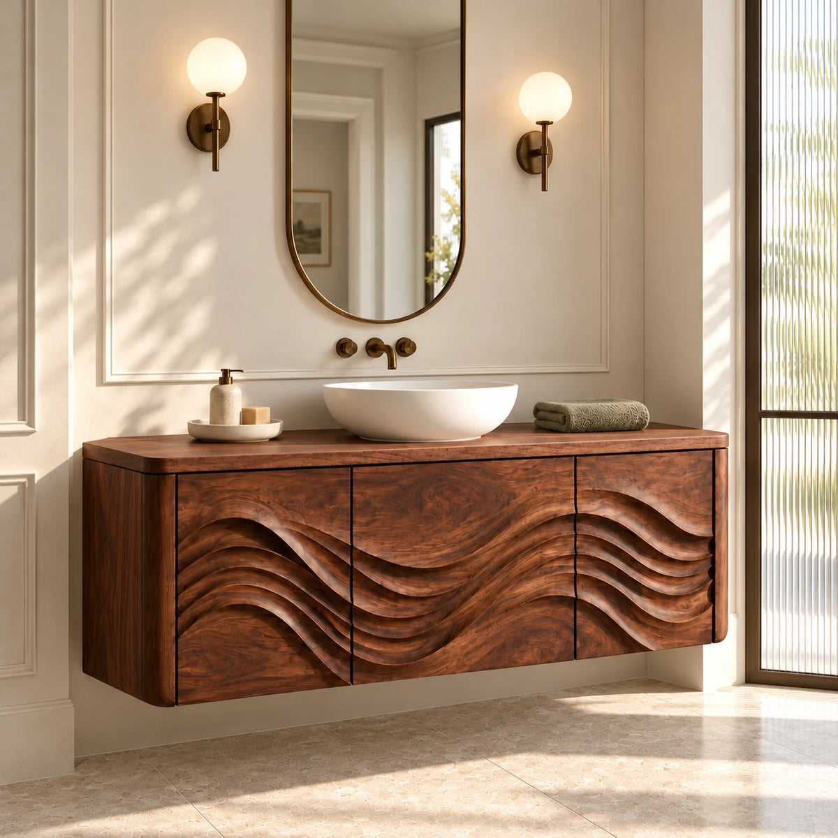 Floating Wood Bathroom Vanity with Three Wave-Carved Doors and Vessel Basin Top - Woodenecho - 2