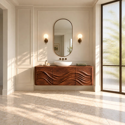 Floating Wood Bathroom Vanity with Three Wave-Carved Doors and Vessel Basin Top - Woodenecho - 3
