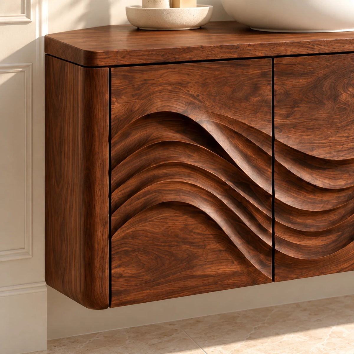 Floating Wood Bathroom Vanity with Three Wave-Carved Doors and Vessel Basin Top - Woodenecho - 4