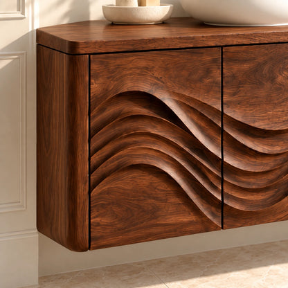 Floating Wood Bathroom Vanity with Three Wave-Carved Doors and Vessel Basin Top - Woodenecho - 4
